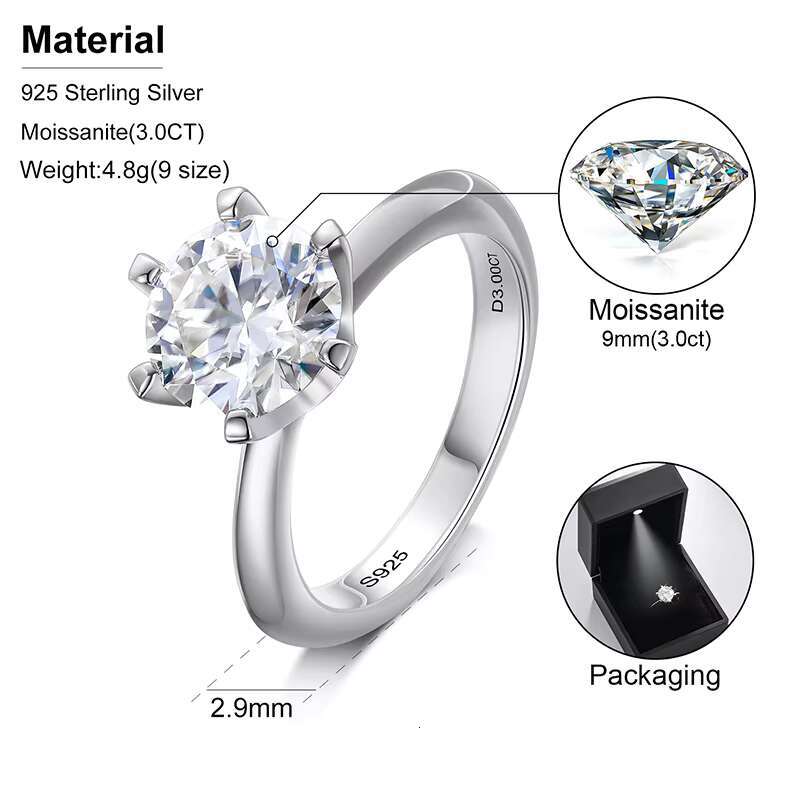 Drop Shipping Eternity Band 925 Sterling Silver 3ct 9mm VVS Moissanite Women Wedding Engagement Ring