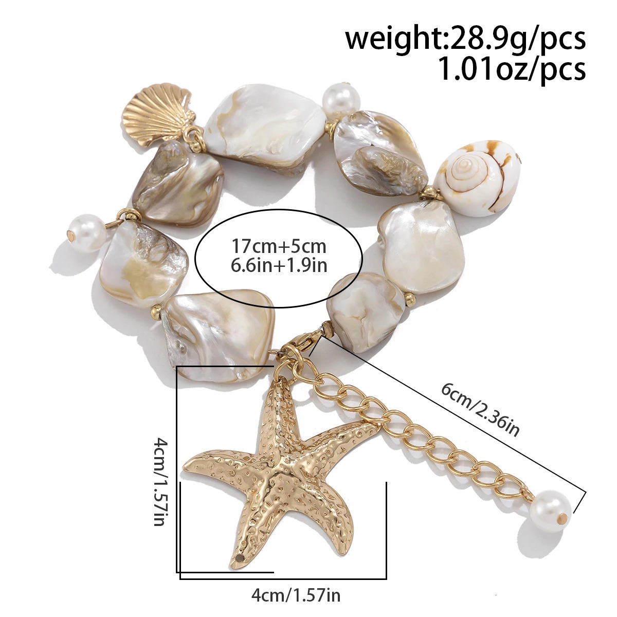 PuRui Bohemia Gold Oversized Star Pendant Bracelet Exaggerated White Stone Snail Womens Summer Beach Chain Bracelet 250428
