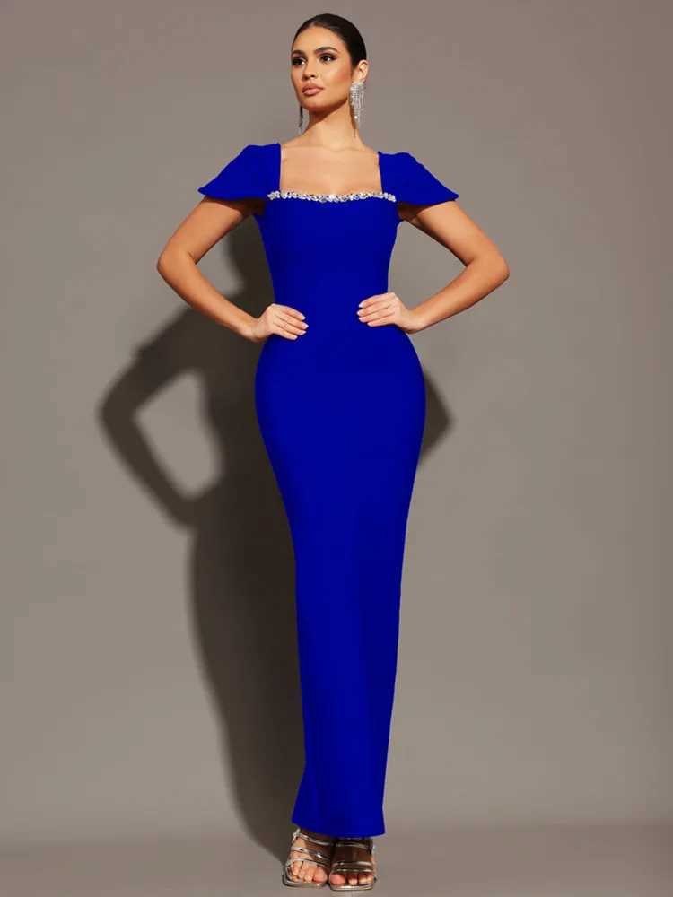 Womens Celebrity Sexy Square Collar Black Red Blue Maxi Long Belt Dress 2025 EleGant Nightclub Party Set W250430
