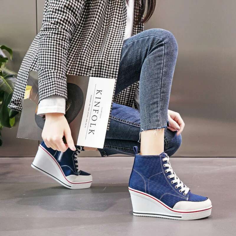 Spring and autumn heightened thick sole high-top solid color canvas casual large-size waterproof platform flat women shoes