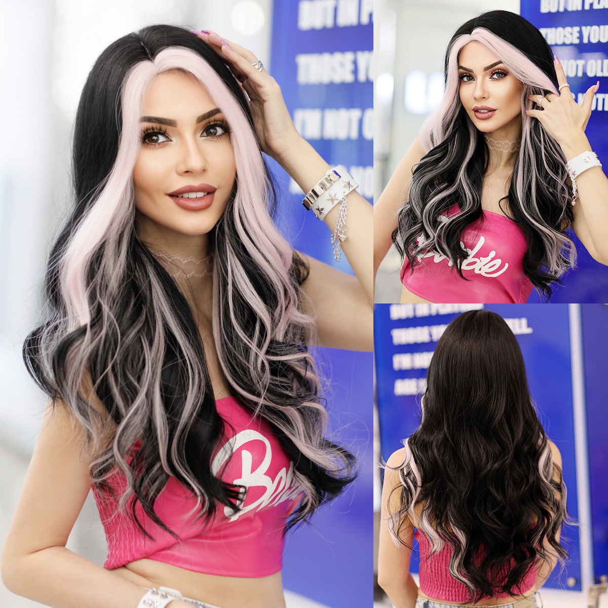lace Small Asian dyed pink long curly hair with big waves split wig for women full head cover natural hair stitching wig