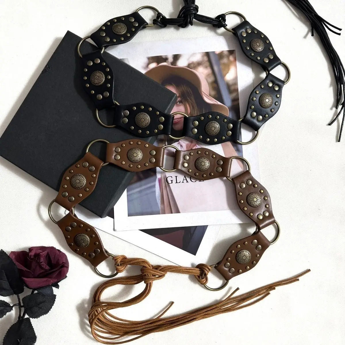 American Retro Black Rivet Metal Buckle Belt Womens Spliced Belt Millennial Spicy Girl Y2k Sense Strap Waist Rope 250430