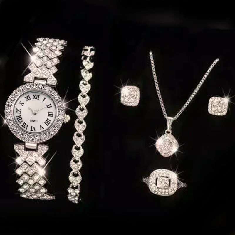 Fashion Full Crystal 5 Pcs Watch Necklace Earrings Ring For Women Rhinestone Wristwatch Female Bracelet Set Gift