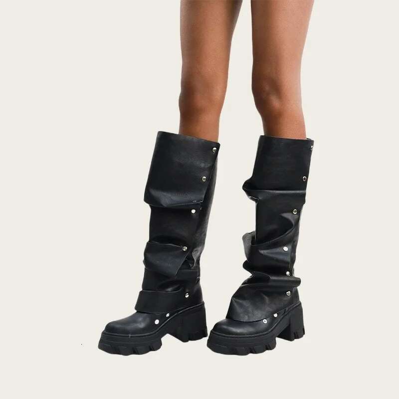 New Designer Comfortable Thick Soled Fashion Pleated Shoes Women Snap Button Mid Calf Boots