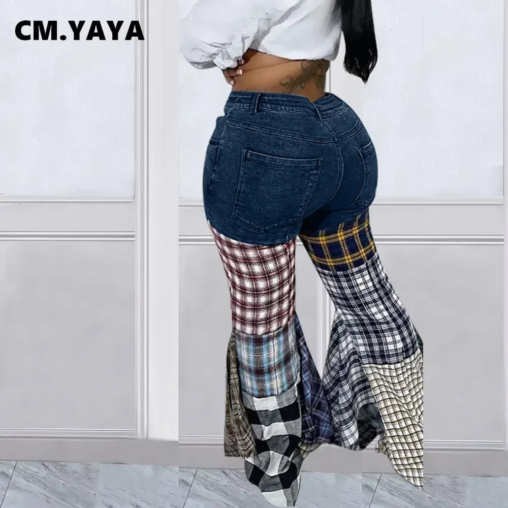 CM.YAYA Womens Colored Plain Patchwork Zipper Fly Flare Jeans Retro INS Fashion Street Clothing Wide Leg Denim Trouers Pants 250423