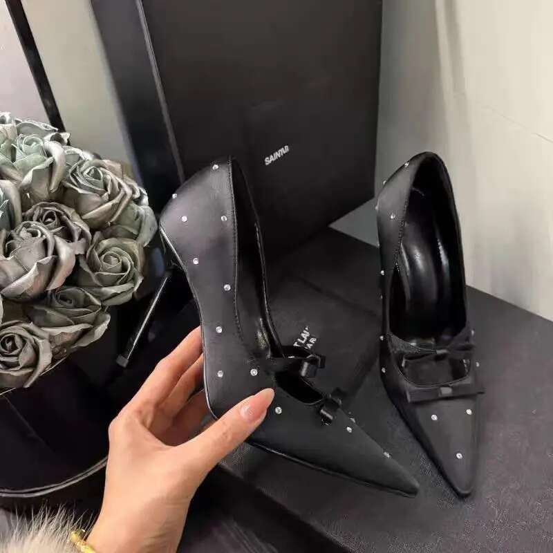 New Polka Dots Fashion Pointed Toe Women's Pumps Heel Bow Rhinestone Silk High Heels Wedding Party Shoes