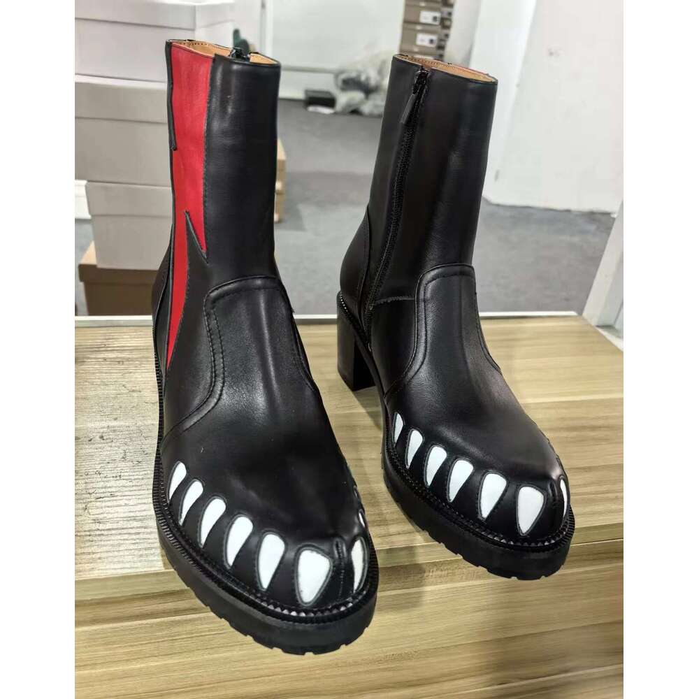 Street Style Printed Teeth Chunky Heel Men Round Ankle Boots Comfortable Casual Fashion Thick Soled Shoes
