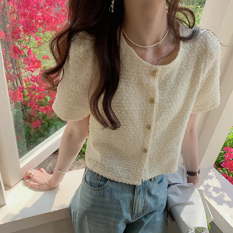 Summer Short sleeved Oneck Womens Shirt Sweet White Top 2025 Blusas Para Mujer Blusa XL183 250422