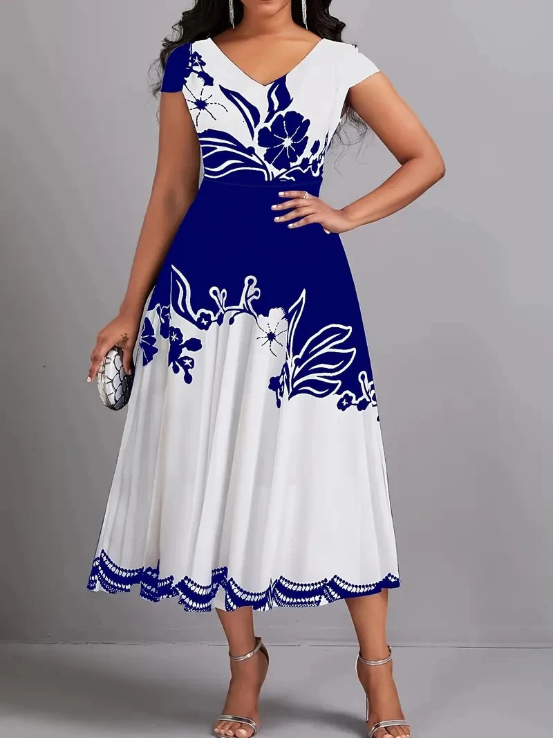 Plus Size Peplum Floral Print Dress - Elegant V-Neck Short Sleeves Scalloped Hem Medium Stretch Zipper Closure Machine Wash 250420