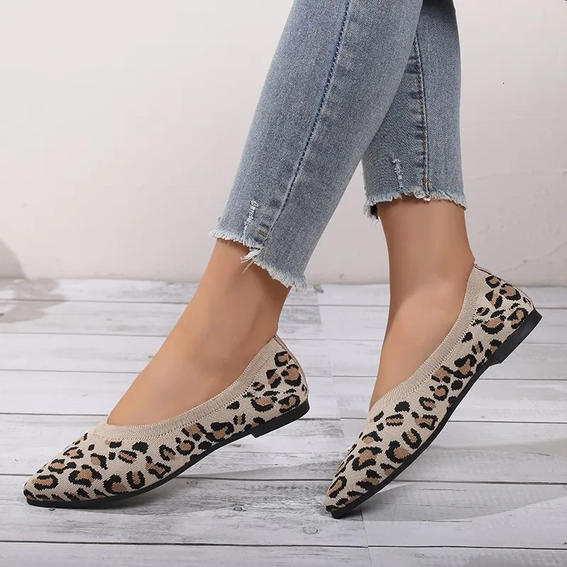 Elegant Houndstooth Knitted Ballet Flats Woman Point Toe Mesh Moccasins Ladies Big Size Leopard Loafers Soft Driving Shoes 250421