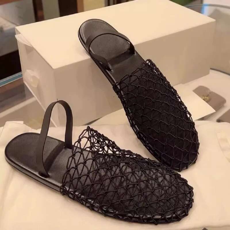 High Quality Flat Women Braided Mesh Hollow Out Mules Shoes Round Toe Casual Slides Holidays Beach Sandals Woman
