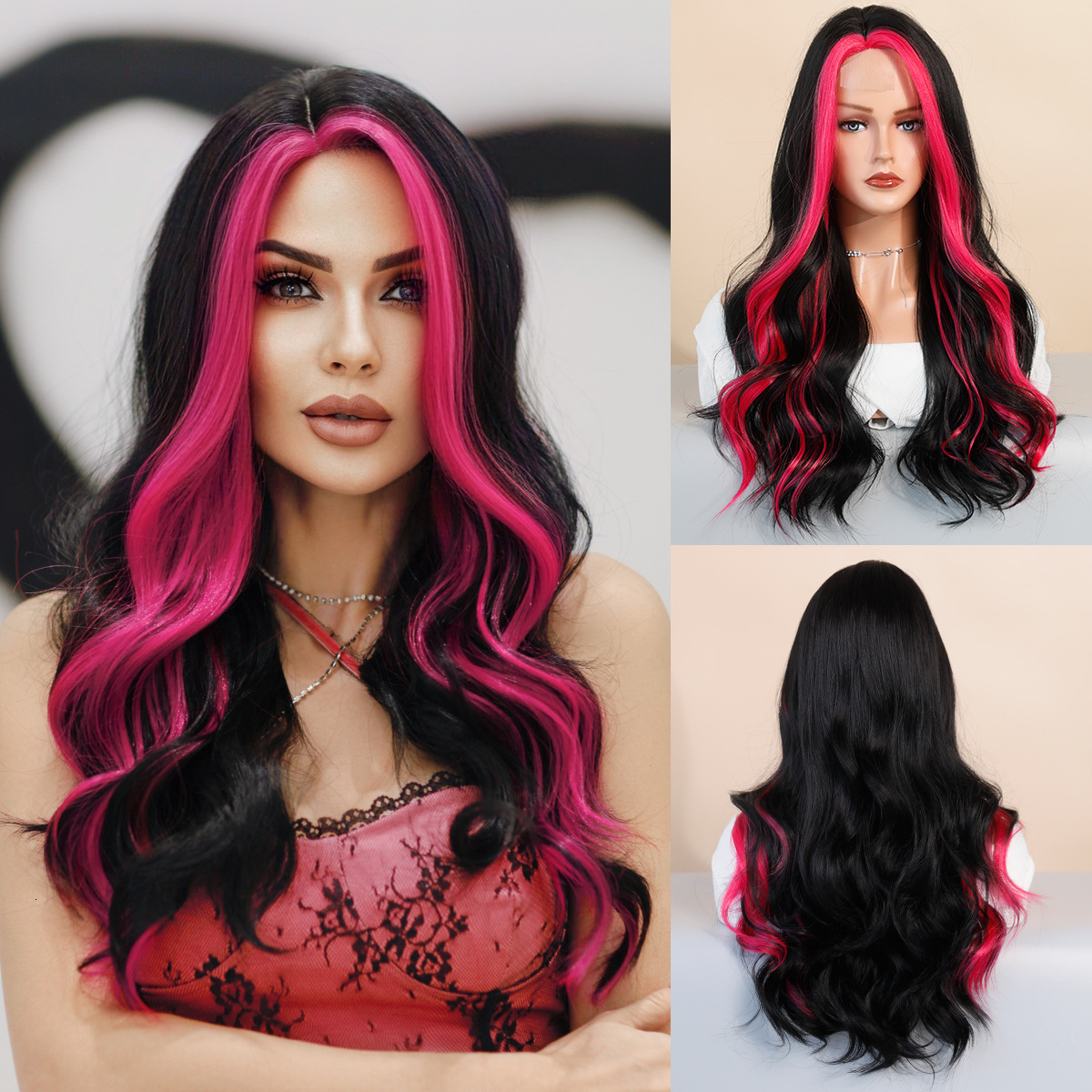 lace Small Asian dyed orange long curly hair with big waves split wig natural hair stitching wig womens full head cover