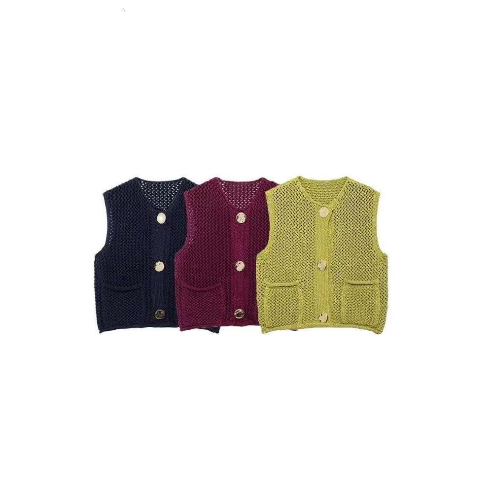Trza-Women's Knitted Vest Sweater With Golden Buttons, O-Neck, Sleeveless, Patch Pockets, Female Outerwear, Chic Tops,Fashion