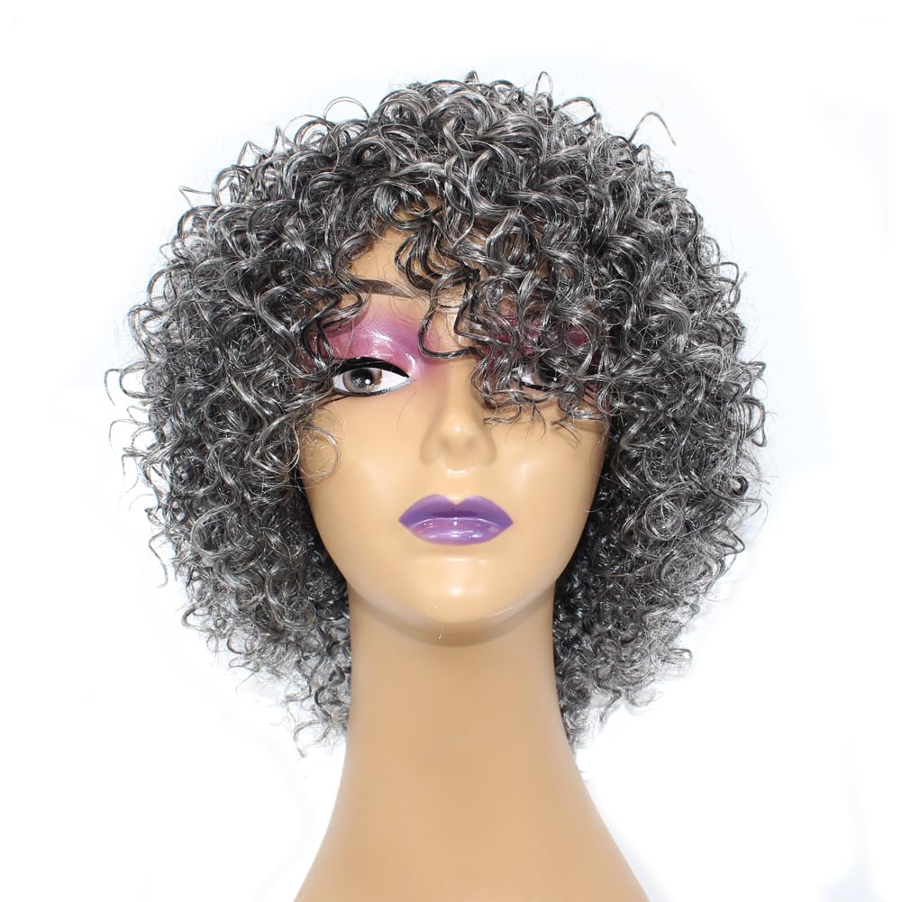 Elegant Silver gray salt and pepper human hair wigs without lace grey wigs kinky curly natura machine made short bob glueless
