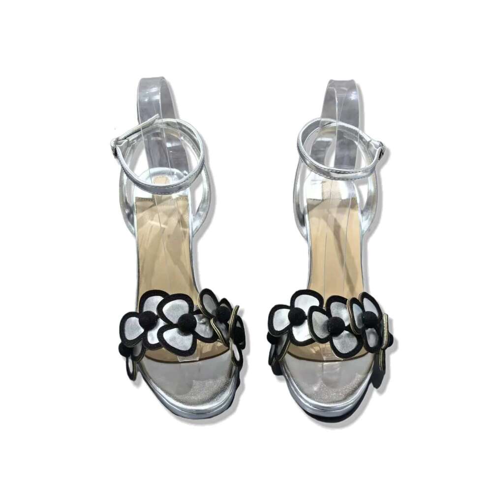 Fashionable Strap Sandals High Heel Round Toe Sier Flower Decorated Women Party Dance Shoes Woman