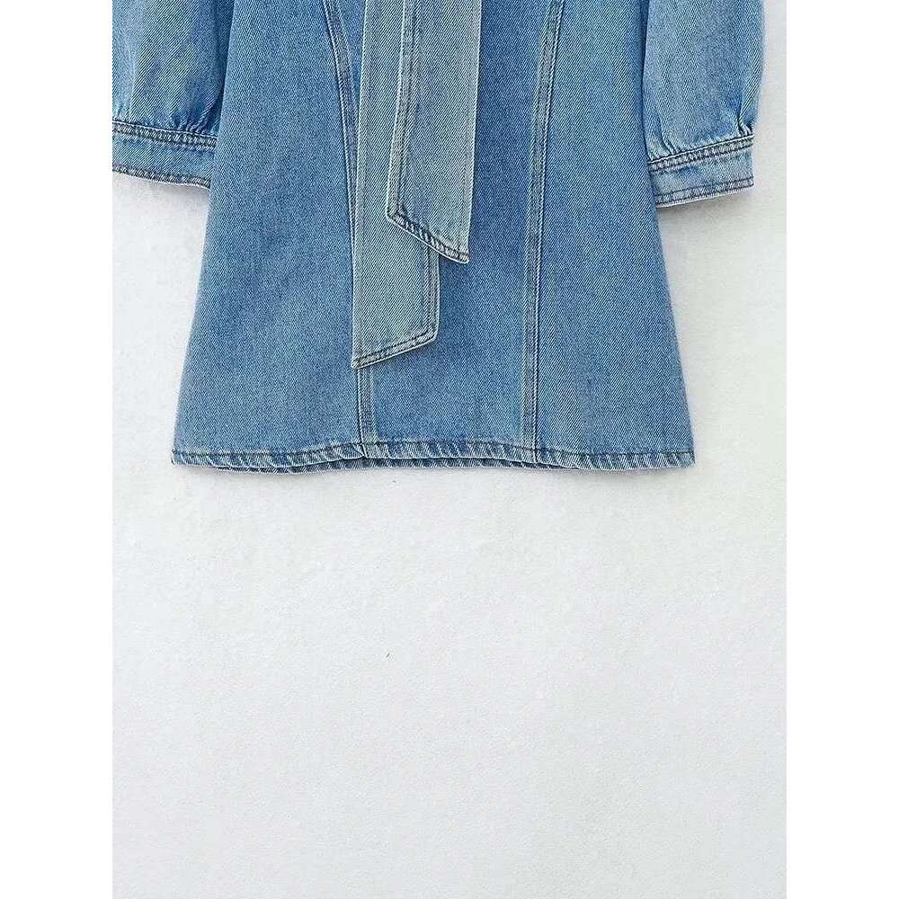 2025 Women Blouse Fashion New Bowtie Neckline Denim Shirt Casual Loose Fitting Long Sleeves Woman Blouses And Shirts Top