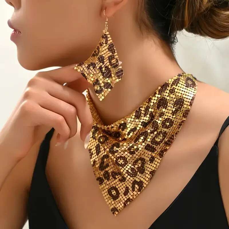 3Pcs Women Leopard Necklace + Earring Fashion Sexy Bright Beads Triangle Scarf Collarbone Chain Earrings Jewelry Set