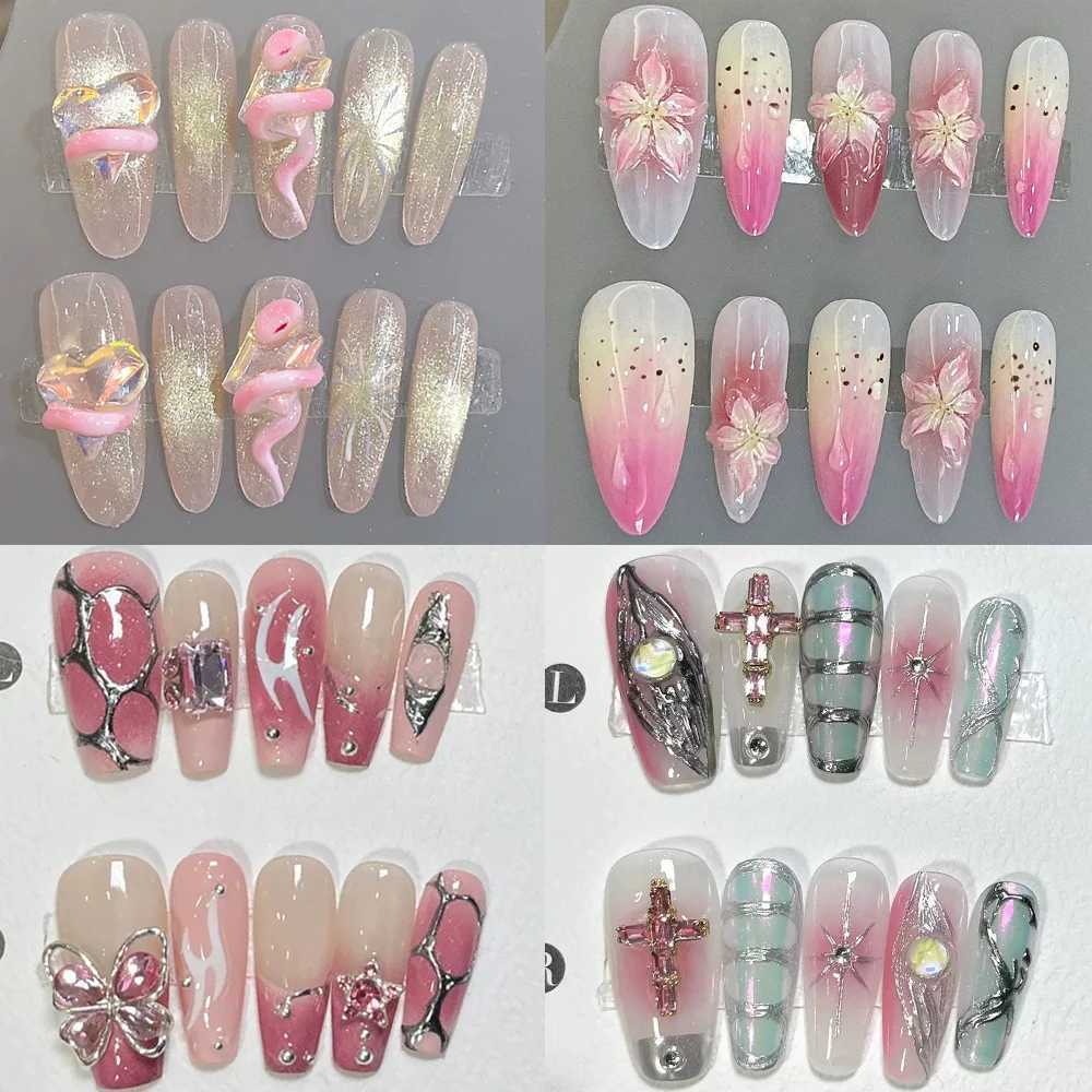 10 Swt Cool Long Coffin Almond Handheld Wearable Nails 3D Flower Snake Silver Mirror Powder Bow Party Nail Stickers H25429