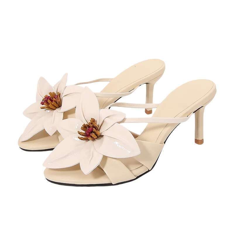 Sexy Open High Heels Flower Round Toe Sandals Comfortable Mules Fashion Slip on Women Party Banquet Shoes