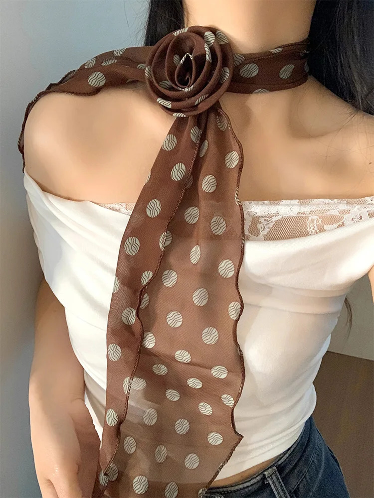 Detachable Rose Dot Silk Scarf Womens Neck Scarf Fashion Fine Stripe Neck Accessories 250430