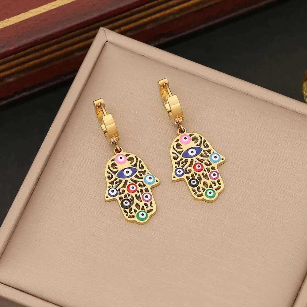 316L Stainless Steel New Fashion Fine Jewelry Colourful Eyes Palms Charm Hollow Thick Chain Necklace Bracelet Earrings For Women