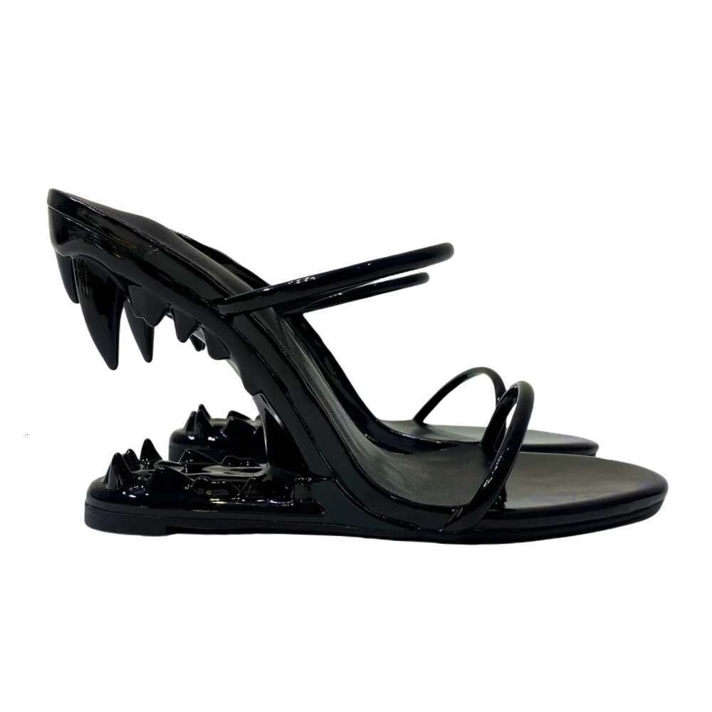 Fashion Woman Strange High Pump Shark Heel Pointed Toe Female Women Slip On Patent Leather Sier Black Shoes