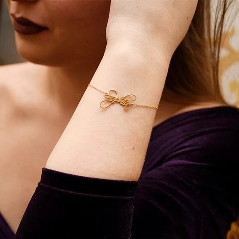 Cursive Script Name Bracelet Rose Gold Chain Hand Link Custom Name Bracelets For Women Jewelry Personalized Pulseras Mujer Gift 250430
