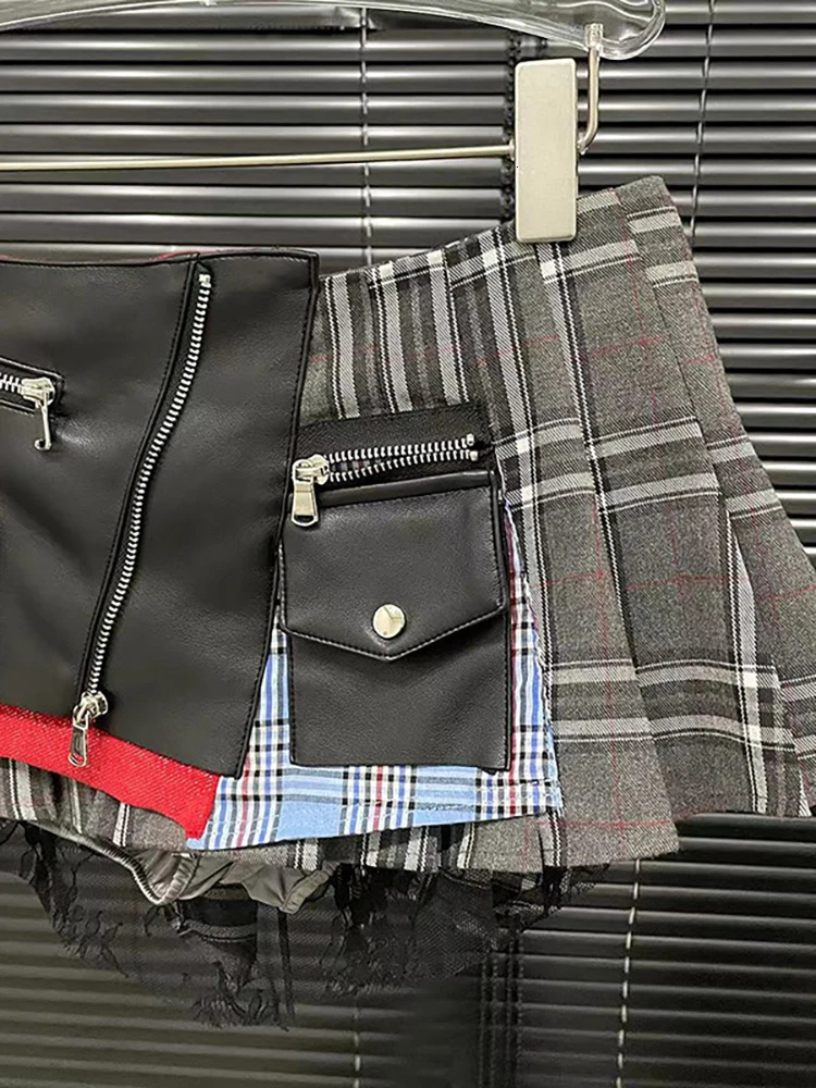 DEAT Womens Denim Skirt High Waist Pu Leather Patchwork Plaid Irregular Wrap Hip Mini Skirts 2025 Spring Fashion 29L7565 250421