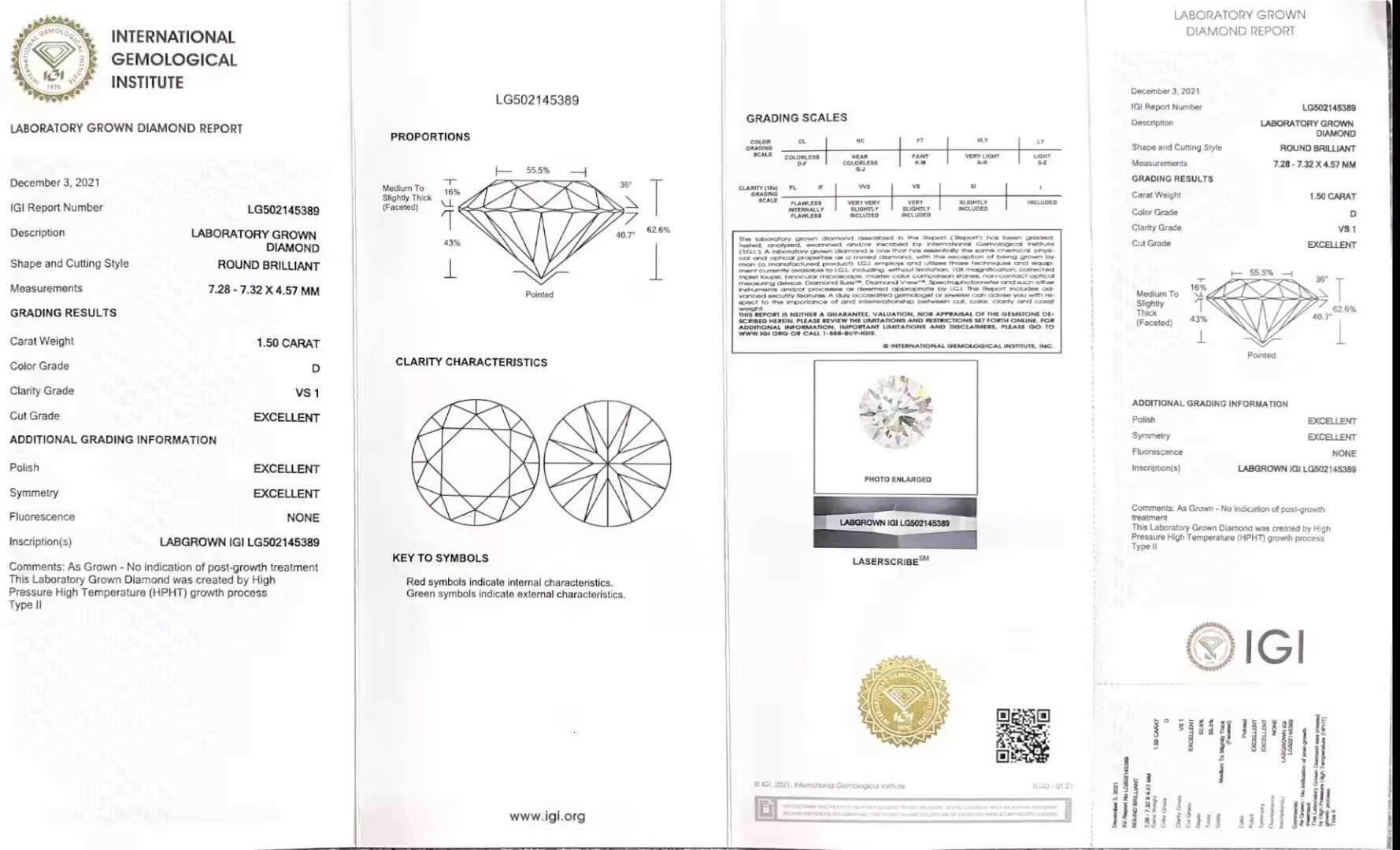 Loose HPHT CVD Diamond IGI Certificate Round Shape 1.50ct D VS1 3EX Lab Grown Diamond