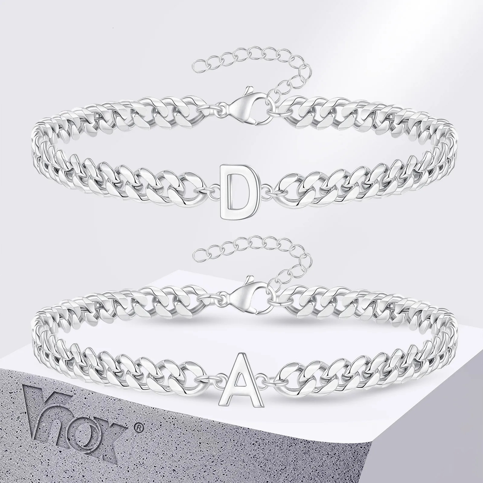 Vnox A-Z Initial Cuban Chain Bracelets for Men Women Silver Color Stainless Steel Curb Links Letters Name Charm Bracelet Gift 250430