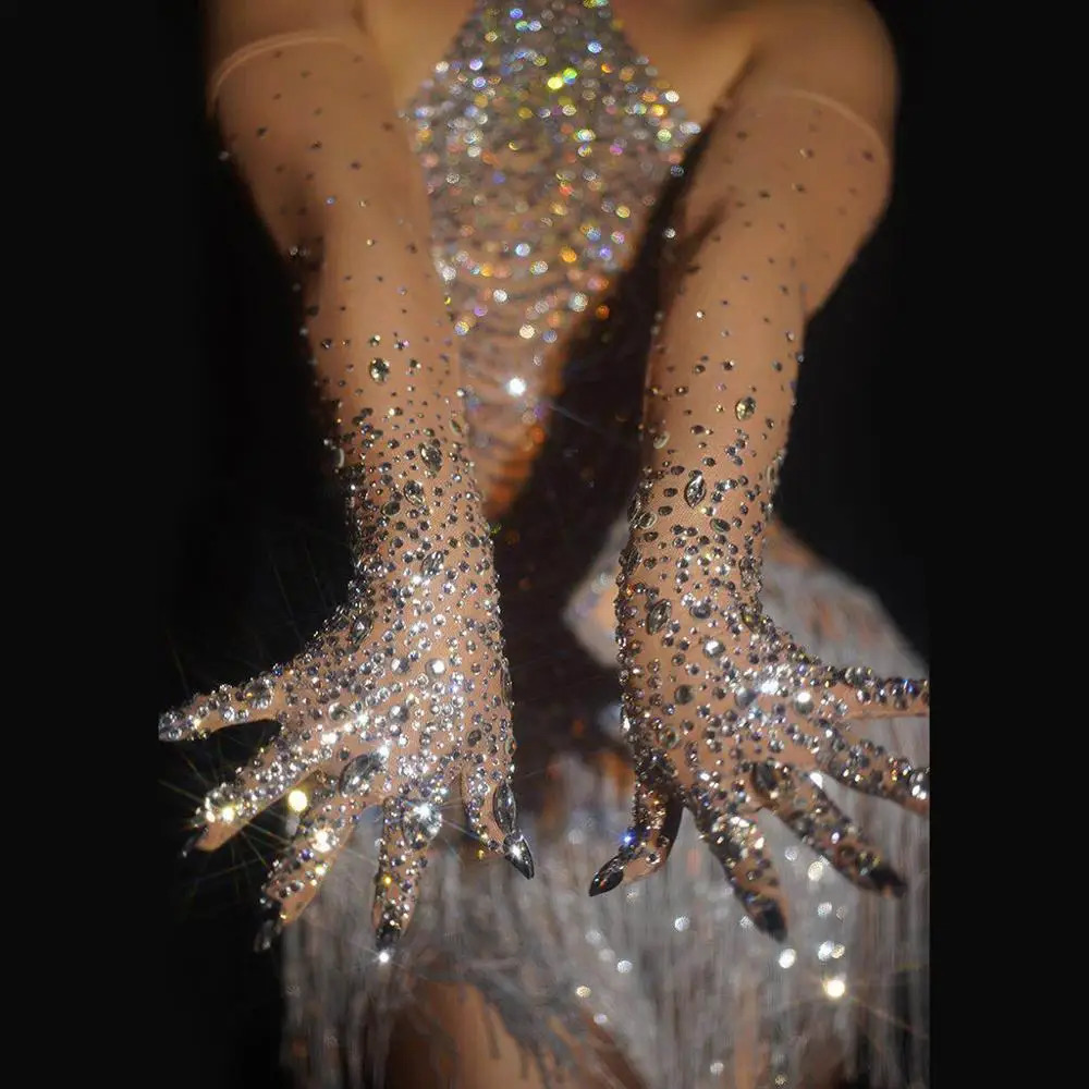 Stretch Rhinestones Gloves Women Sparkly Crystal Mesh Long Gloves Dancer Singer Nightclub Dance Stage Show Accessories 250420