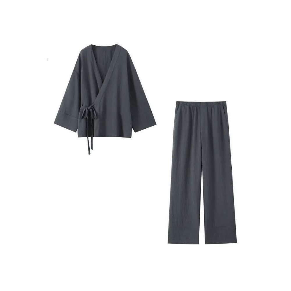 TRZA Women's Fashion Side-Tied Wrap Kimono Blouse Mid-Elastic Waist Flowing Trousers Set Elegant Casual Outfit