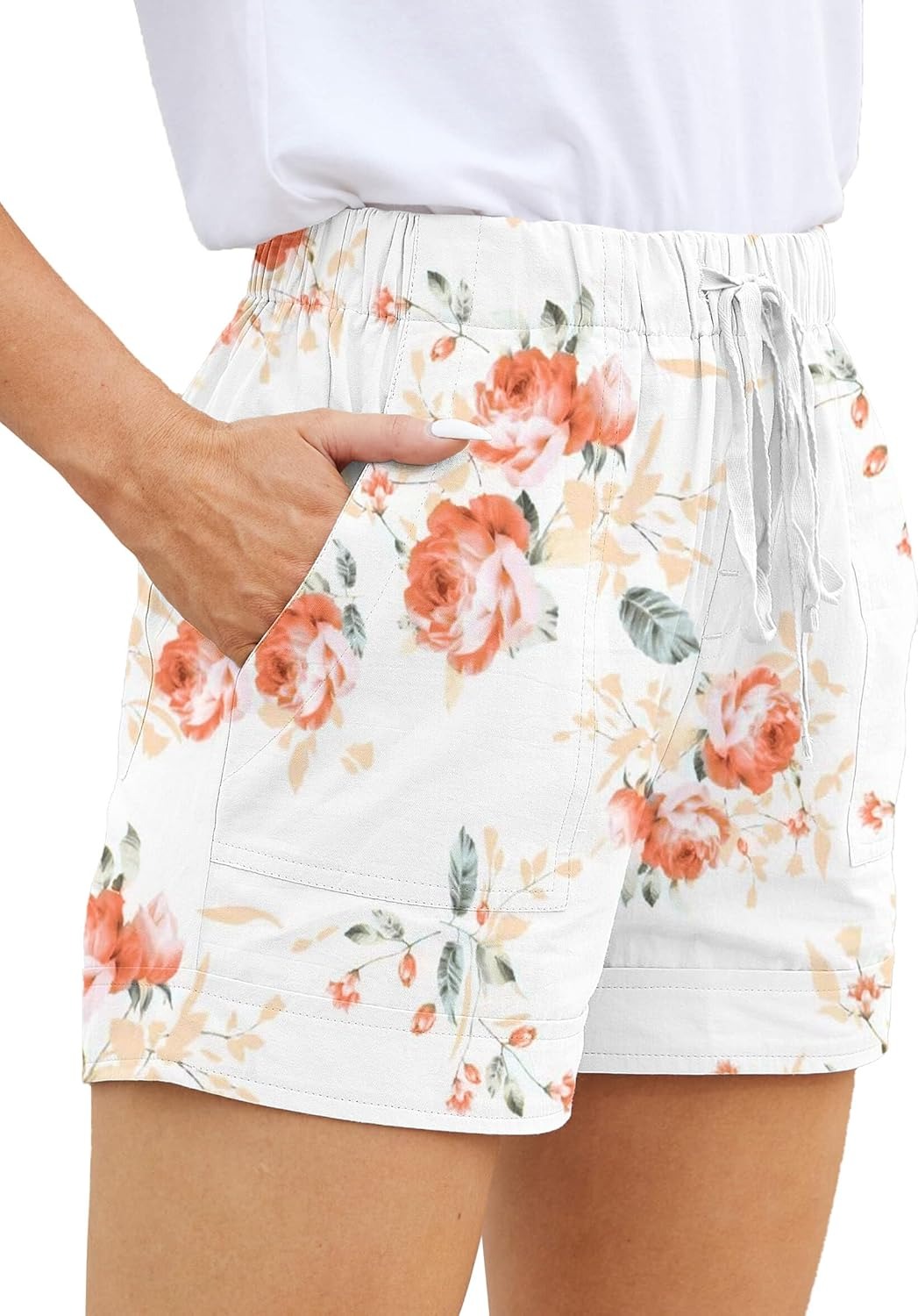 Print color shorts Ladies' comfortable drawstring casual elastic waist pocket loose shorts plus size