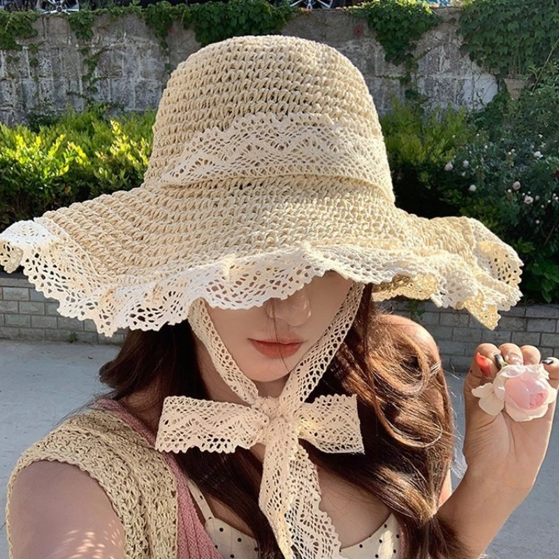 selling hollow straw hat for summer tourism summer sun protection beach sun protection hat spring and autumn lace edge outdoor sun protection hat 2504