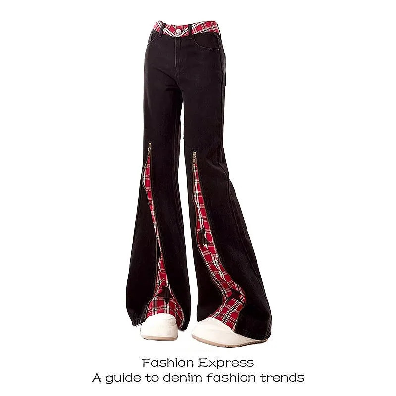 American retro patch red checkered zipper womens jeans Y2k autumn high waisted ultra-thin straight leg micro flash pants 250423