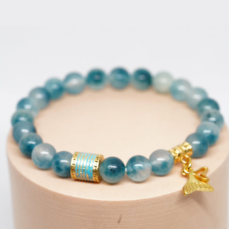Five Line Mantra Energy Bracelet with Mermaid Pendant | Enamel-Coated Copper & Aqua Chalcedony Stone | Spiritual Jewelry for Courage & Beauty