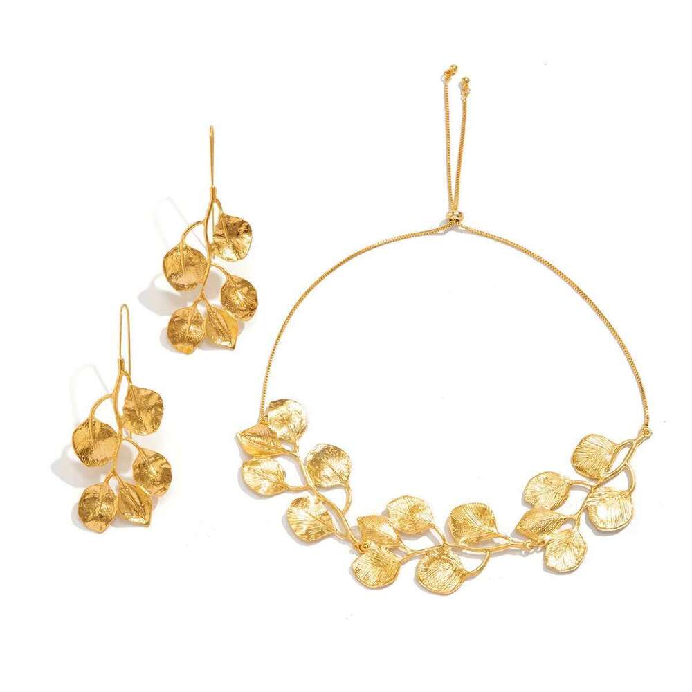 2Pcs/Set Elegant Aesthetic Leaves Tassel Necklace Earrings For Women Vintage Design Gold Color Jewelry Set Party Accessories New