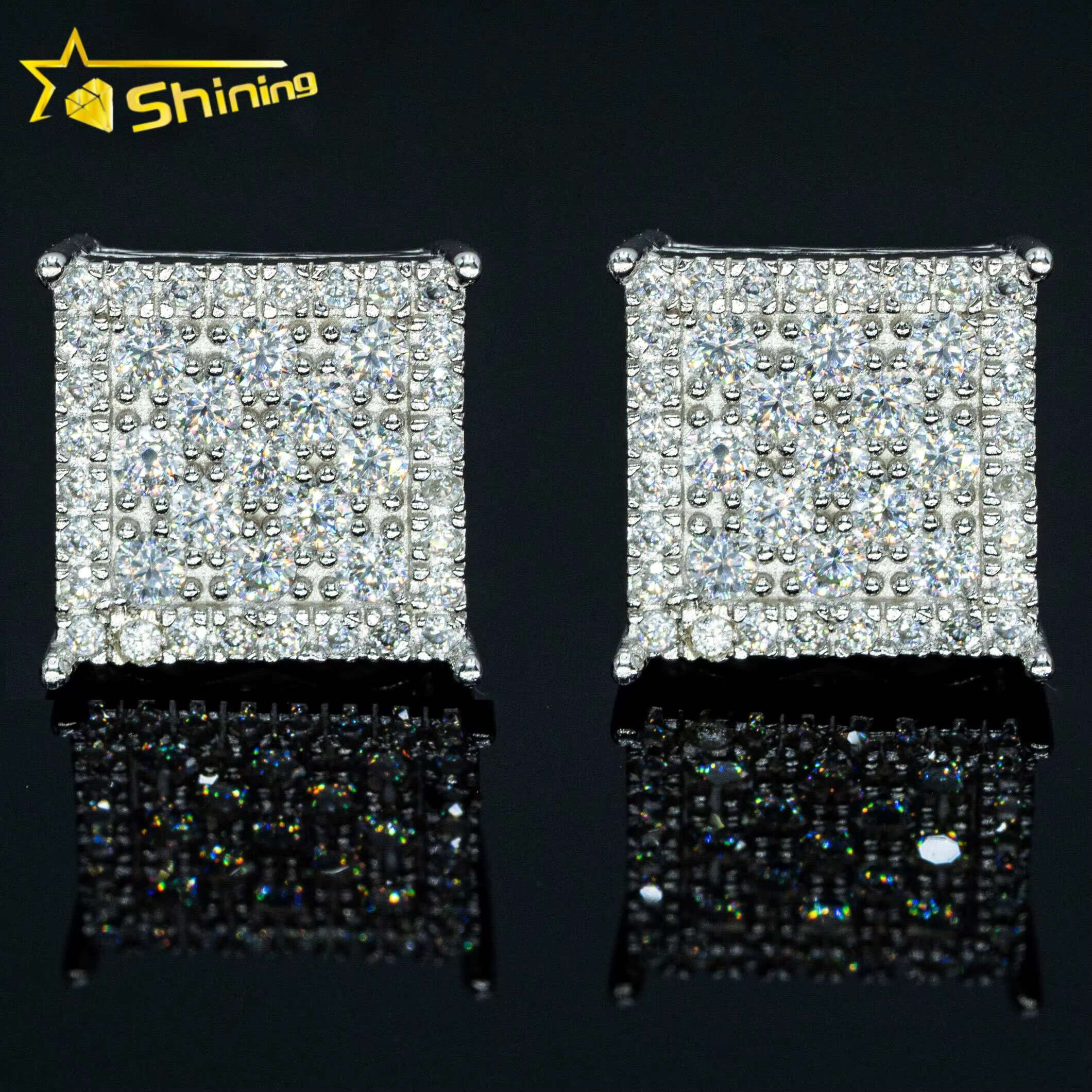 Square Shape Natural Diamond Earrings Fashion Hip Hop Moissanite Jewelry 925 Sterling Silver Stud Earrings Screw Back