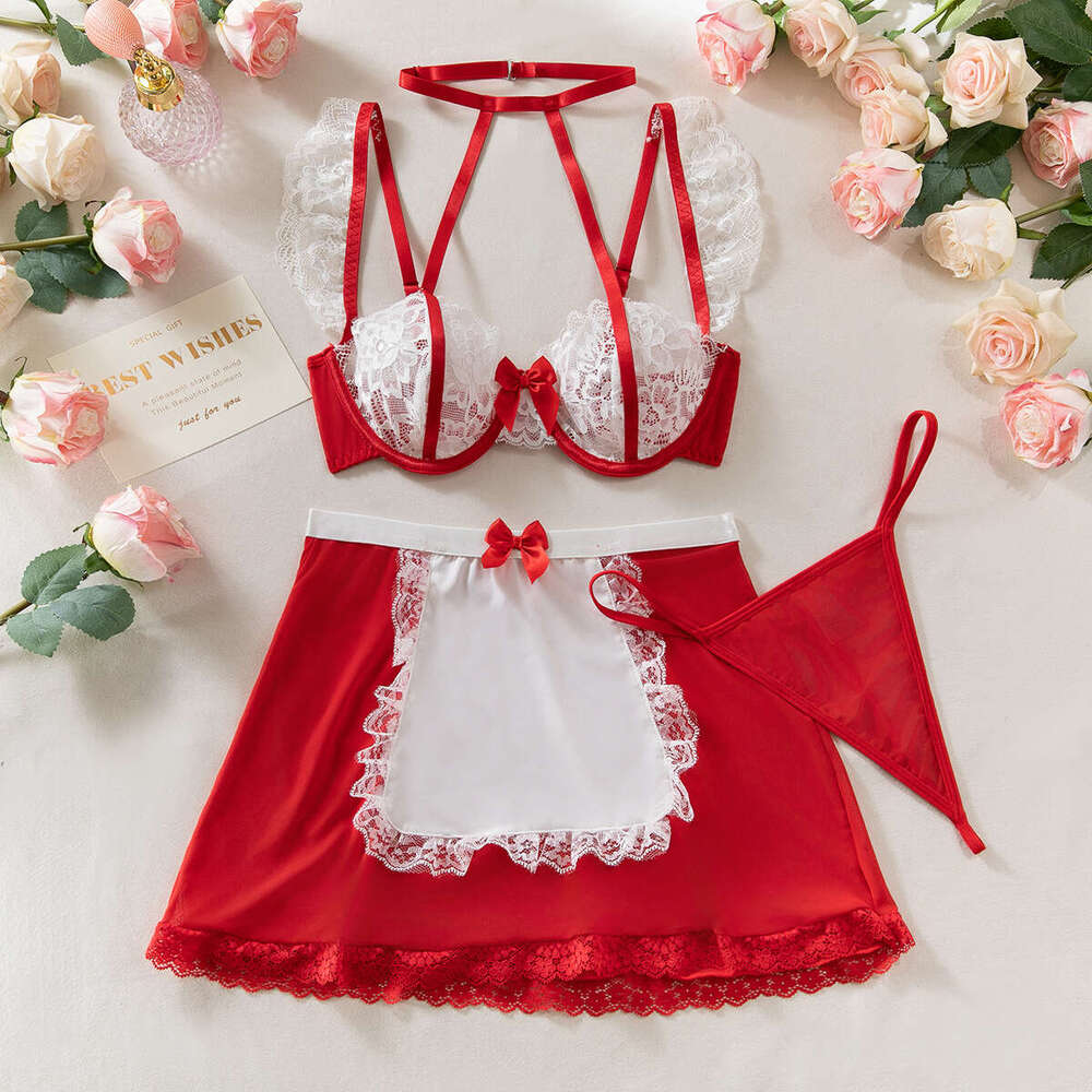 Sexy Underwear Sexy Perspective Lingerie Bow Tie Neck Hanging Lace Contrasting Color Bra Set Role Playing Maid Outfit