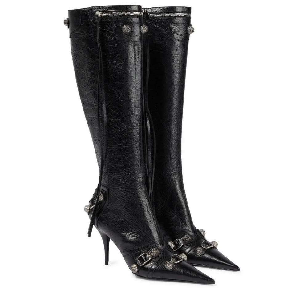 New Metal Buckle Knee Pointed Button High Heels Studded Zip up Boots Catwalk Party Punk Shoes Women