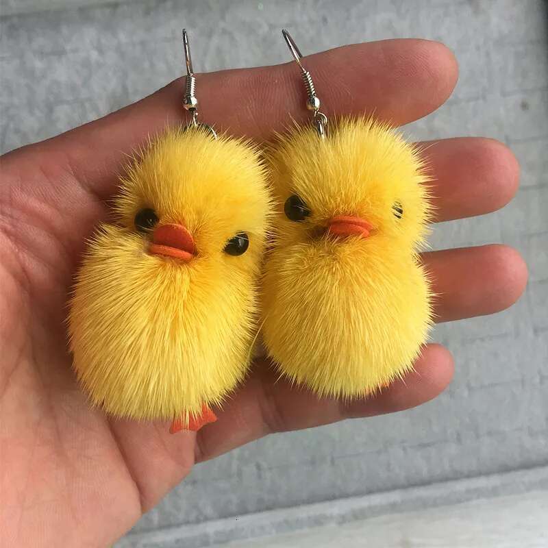Fishsheep Cute Chick Pom Pendant Drop For Women Fluffy Fur Ball 3D Cartoon Animal Dangle Earrings Fashion Jewelry