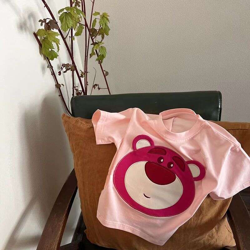 Girls' Summer T-Shirt, Short Sleeved Strawberry Bear Cartoon Embroidered Top, Children's Fashionable Loose Fitting Clothes