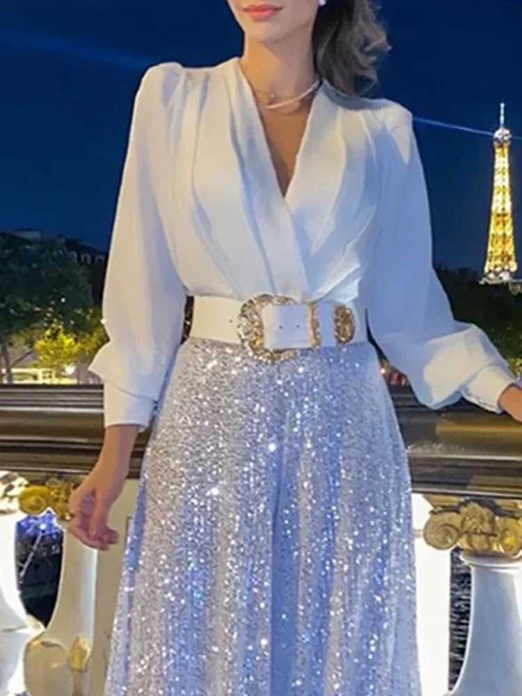 BWQ patchwork sequin long dress for women fashionable folding loose V-neck elegant dress for women party evening dress luxury 2024 W250430