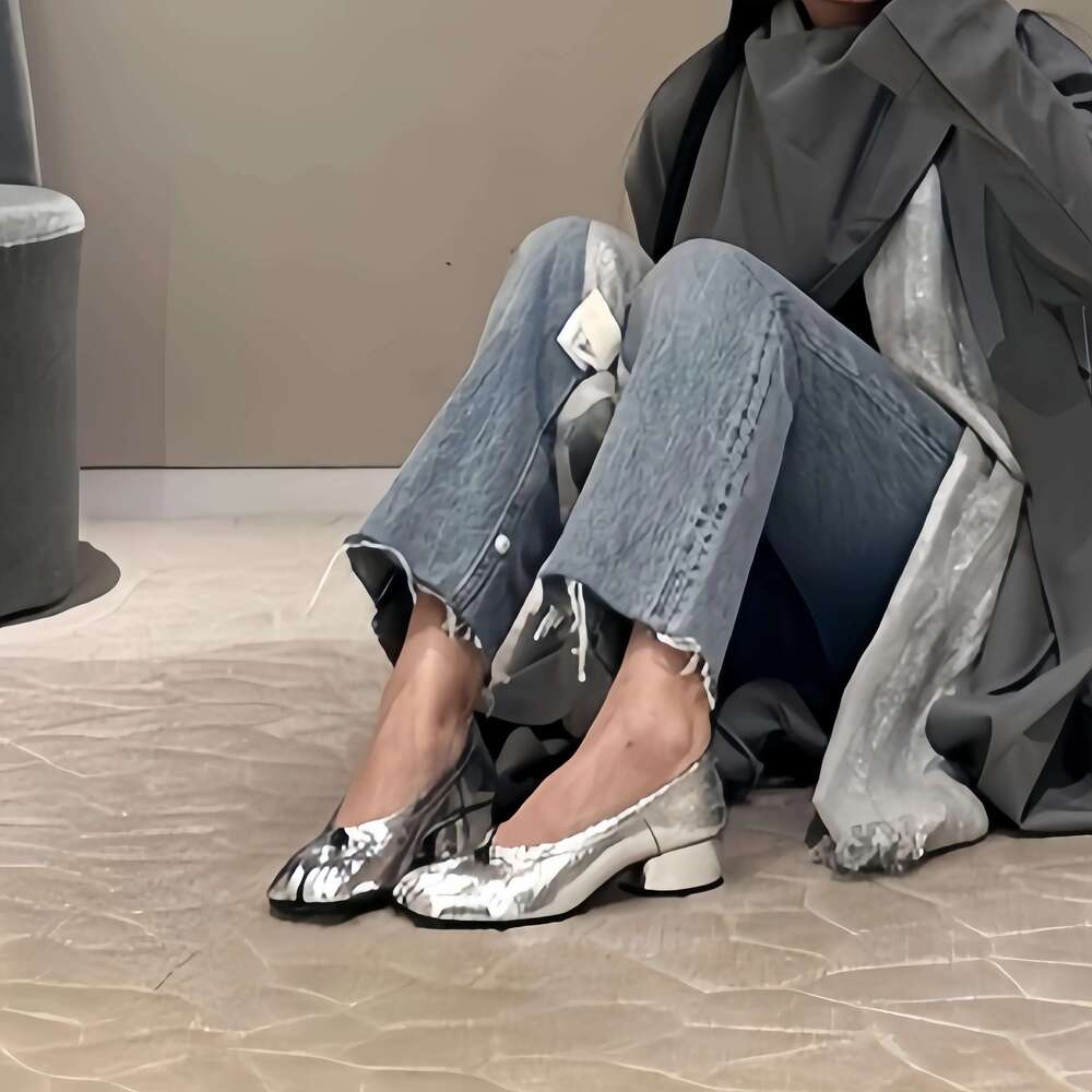 2025 Shiny Sier Women Slip-on Ballet High Heels Mirrored Tabi Fashionable Women's Casual Shoes