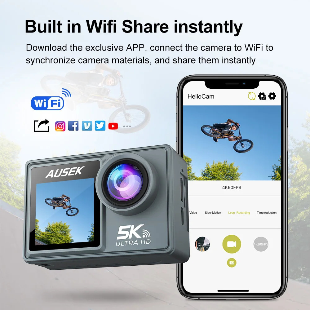 5K Action Camera 4K60FPS Dual IPS Touch LCD WiFi 170 ° 30M Waterproof 5X Zoom Shockproof Sports Camera with Remote Control 250425