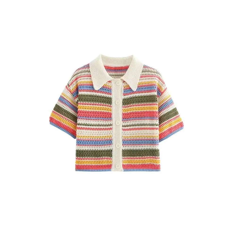 Trza-Women's Striped Crochet Knit Crop Sweater, Polo Collar, Short Sleeve, Button-Up, Female Outerwear, Chic Tops, Fashion