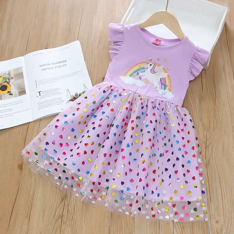 Summer New Girls' Flying Sleeve Rainbow Unicorn Princess Skirt Super Fairy Love Mesh Splicing Dress