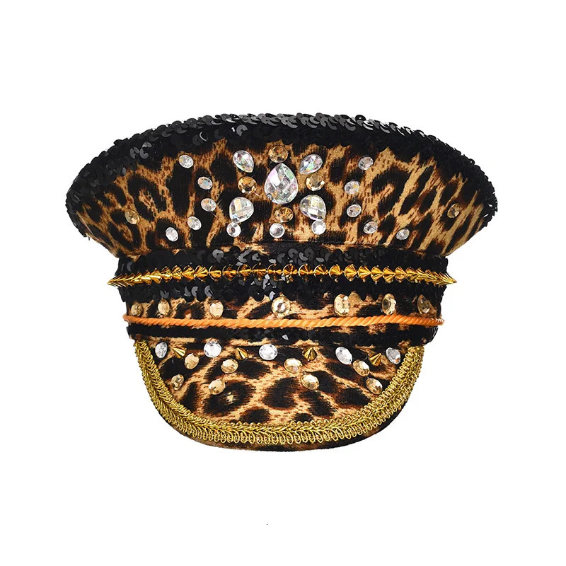 Womens Burning Man/Women Sequin Hats Cosplay Costume Retro Leopard with Glasses Fashion Men Women Handmade Steampunk Top Caps 250430
