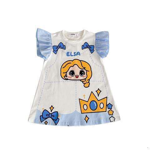 Girl's T-Shirt 2025 Summer New Edition Elsa Snow White Runaway Princess Little Flying Sleeve Printed Baby Dress Stylish