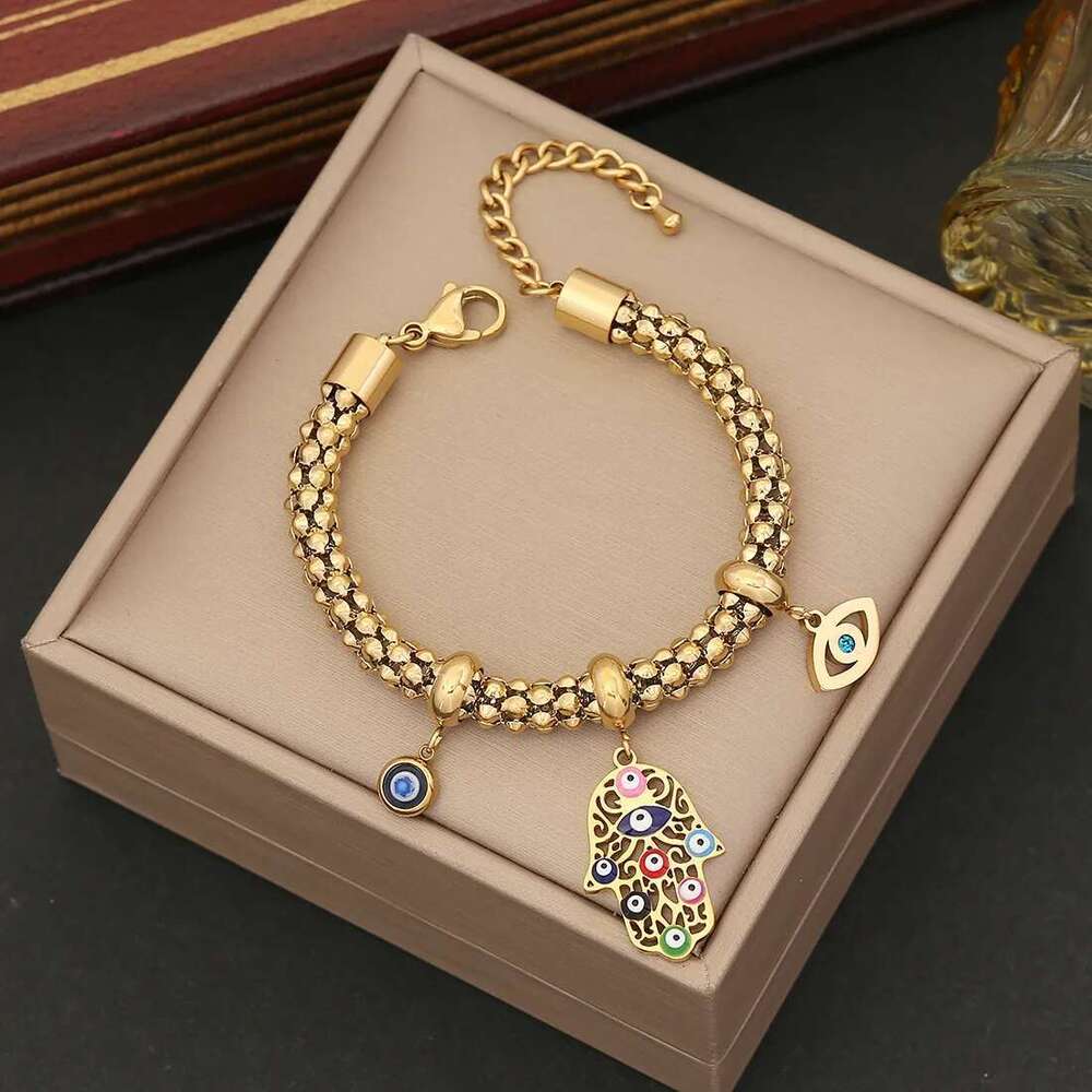 316L Stainless Steel New Fashion Fine Jewelry Colourful Eyes Palms Charm Hollow Thick Chain Necklace Bracelet Earrings For Women